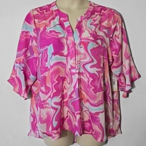 Sunny Leigh Sheer Marbled Watrcolor Top Size L Retro Psychedelic‎ Colorful